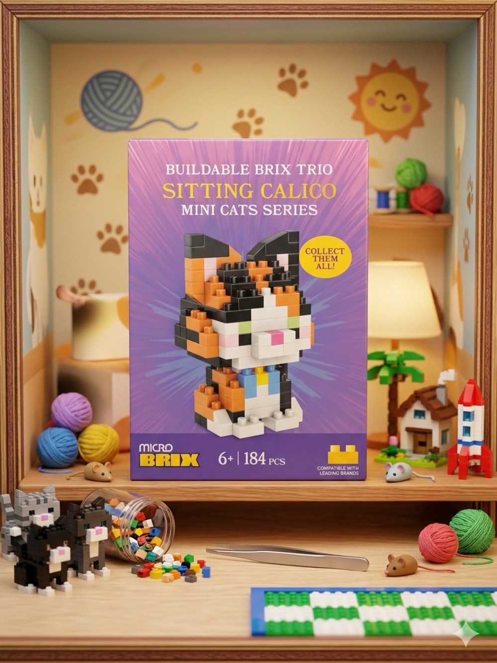 Sitting Calico Mini Cat Buildable Toy - Orange, Black & White